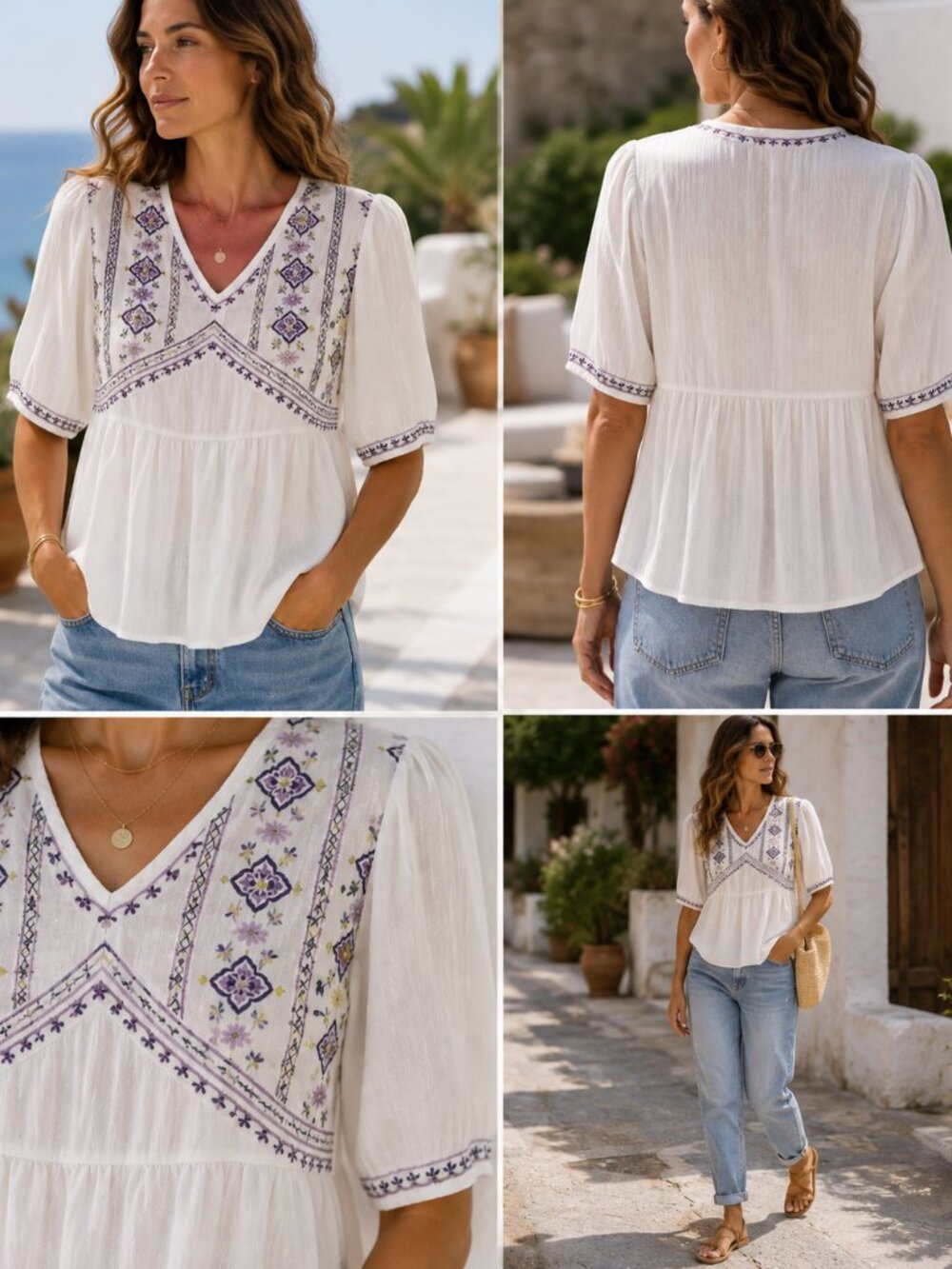 Nurture by Westbound Boho Embroidered V-Neck Rayon Top Blouse White NWT